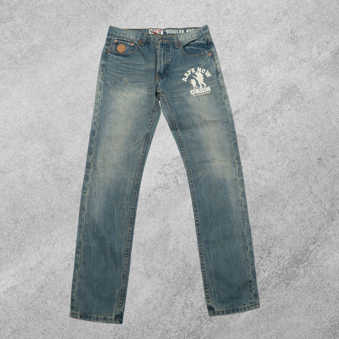 Vintage Aape denim pants (Category: Jeans) located in San Pedro. Submitted by thriftsouthfinds (Listing ID 1404336183, Image 1). Description: Length: 44 inches Width: 16 inches.