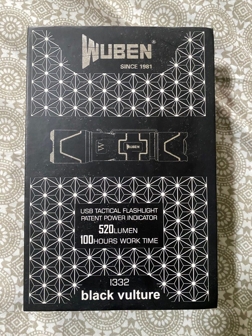 Wuben I332 Black Vulture EDC Tactical Flashlight (Category: Everything Else Others) located in Paranaque City. Submitted by matchday.ph (Listing ID 1404239436, Image 2). Description: Excellent condition Wuben I332 tactical flashlight. Comes with: 1. Flashlight 2. Lanyard (unused) 3. Charging cable (unused) 4. Spare O-rings (unused) 5. 16340 Battery (suggest to replace) 6. Instruction manual MOP: GCash or bank transfer.