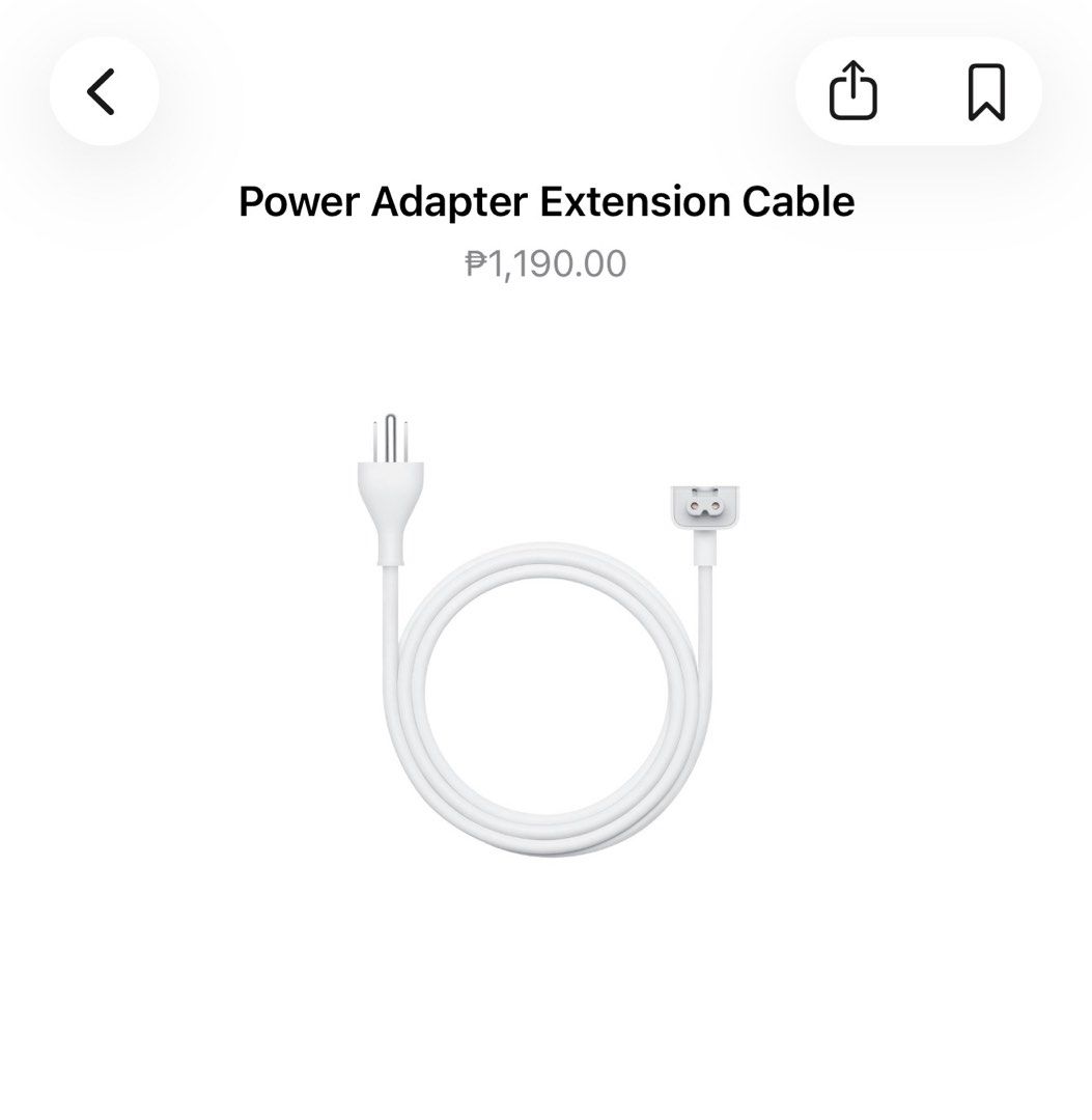 Apple Power Adapter Extension Cable (Category: Chargers & Cables) located in Malolos. Submitted by irreverent13 (Listing ID 1404471679, Image 2). Description: The 1.8-meter Power Adapter Extension Cable is an AC extension lead that provides extra length for your Apple power adapter. Use it with MagSafe and MagSate 2 power adapters, 10W and 12W USB-A power adapters and 29W, 30W, 61W, 67W, 87W, 96W, and 140W USB-C power adapters. RFS: Extra only. .