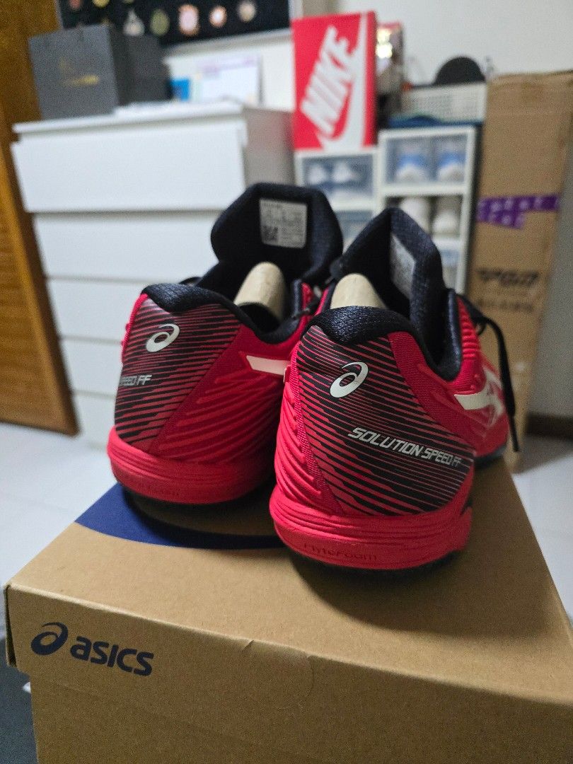 Asics Solution Speed FF 2 - Red US12 (Category: Sneakers) located in Singapore. Submitted by xtempestx (Listing ID 1404504499, Image 3). Description: - Asics Solution Speed FF 2 tennis shoes - Bright red color -US12 - barely used, too narrow for me - Asics logo on side and tongue.