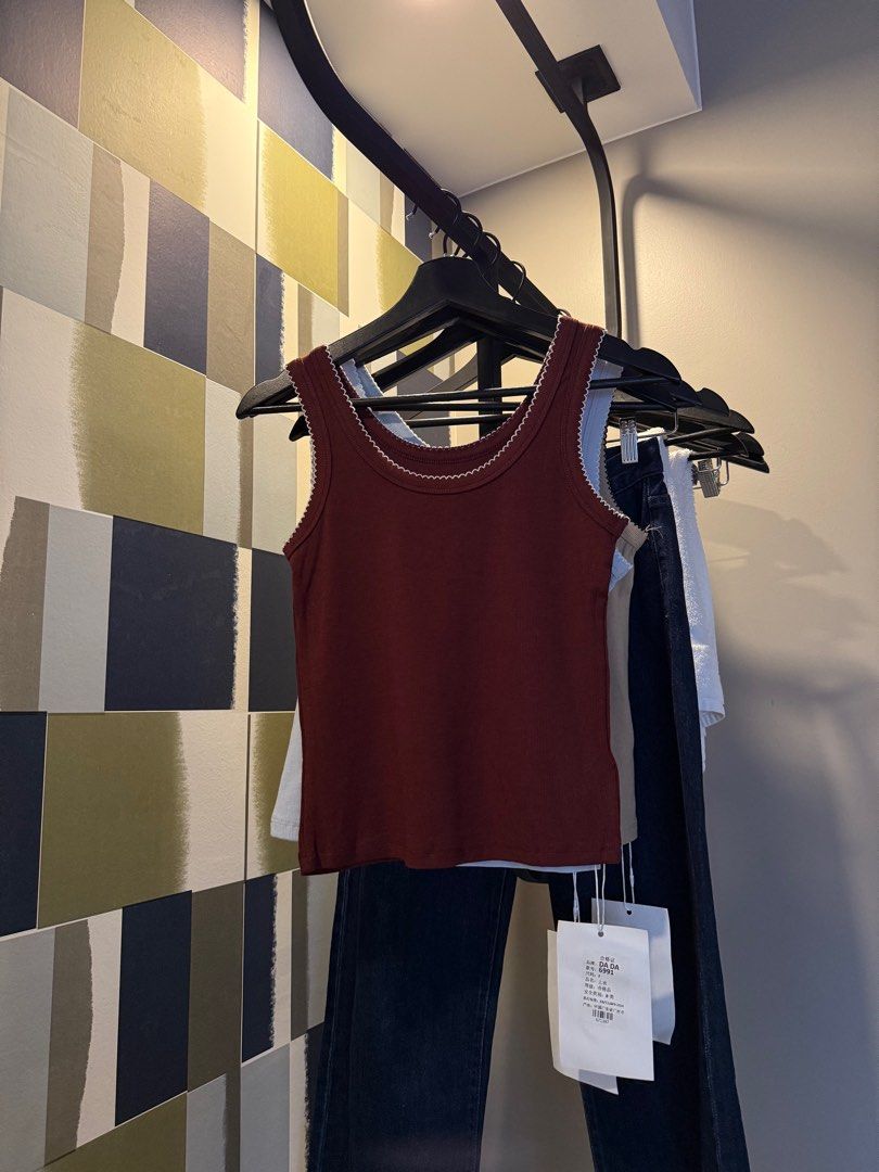 DADA Tank Top with Scalloped Trim (Category: Sleeveless) located in Manila. Submitted by declutterwithelle (Listing ID 1404404318, Image 1). Description: BKK CLOTHES ON HAND | SHOP WITH JOY 📌 DADA TANK TOP 🧾 Available in Maroon (2), Light Blue (2), Olive (1) ❗️Fits best: XS-SM.