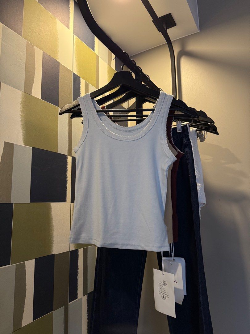 DADA Tank Top with Scalloped Trim (Category: Sleeveless) located in Manila. Submitted by declutterwithelle (Listing ID 1404404318, Image 2). Description: BKK CLOTHES ON HAND | SHOP WITH JOY 📌 DADA TANK TOP 🧾 Available in Maroon (2), Light Blue (2), Olive (1) ❗️Fits best: XS-SM.