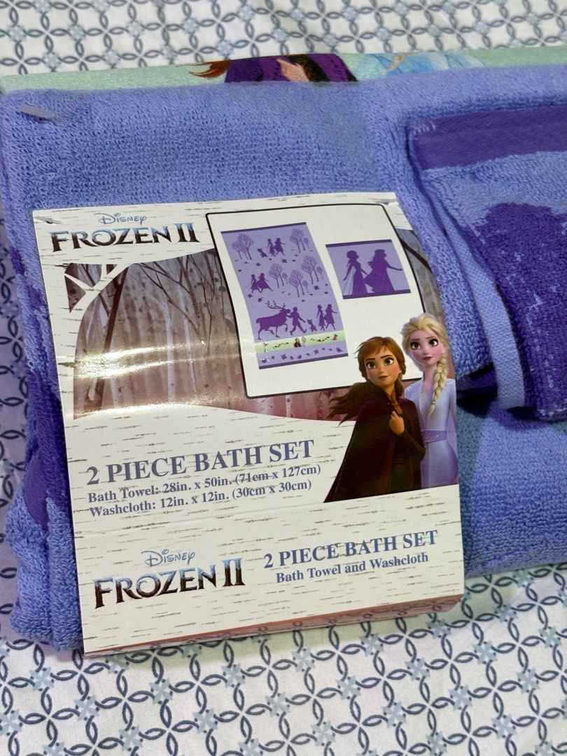 Disney Frozen II 2-Piece Bath Set (Category: Bathtub & Bath Accessories) located in Manila. Submitted by rlpimportedgoods (Listing ID 1404486466, Image 2). Description: Official Disney Frozen II towel - Brand new from USA - Design: Features a vibrant picture of Anna and Elsa with beautiful purple/lavender fabric and silhouette prints. - Material: 100% Cotton (Algodón), exclusive of decoration. Soft and highly absorbent. - Color: Purple/Lavender.
