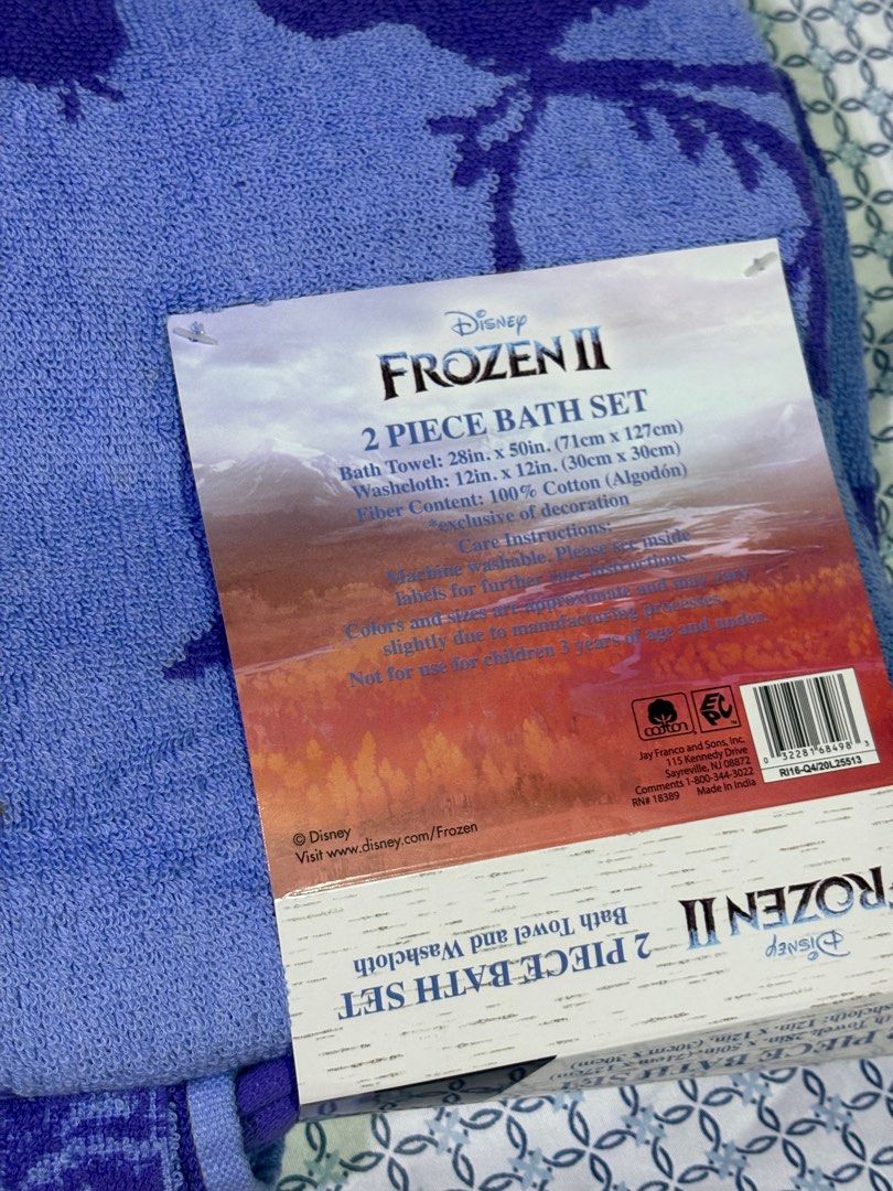 Disney Frozen II 2-Piece Bath Set (Category: Bathtub & Bath Accessories) located in Manila. Submitted by rlpimportedgoods (Listing ID 1404486466, Image 3). Description: Official Disney Frozen II towel - Brand new from USA - Design: Features a vibrant picture of Anna and Elsa with beautiful purple/lavender fabric and silhouette prints. - Material: 100% Cotton (Algodón), exclusive of decoration. Soft and highly absorbent. - Color: Purple/Lavender.