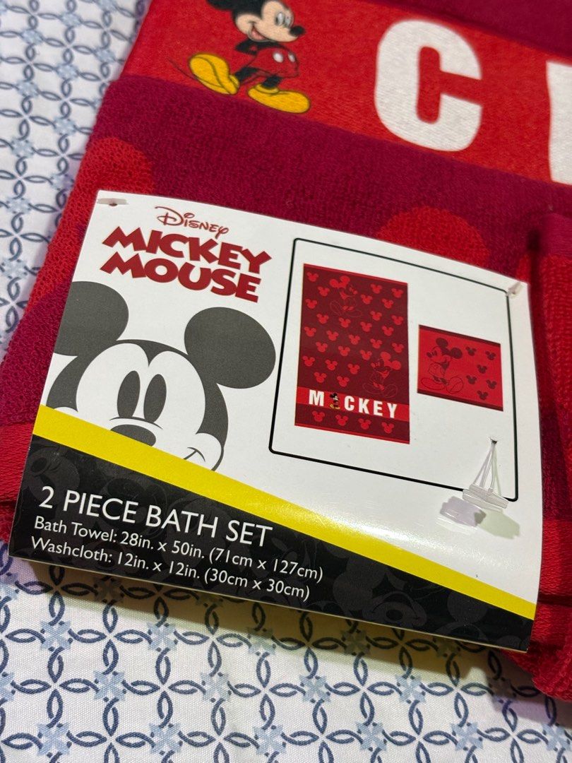 Disney Mickey Mouse 2-piece bath set (Category: Bathtub & Bath Accessories) located in Manila. Submitted by rlpimportedgoods (Listing ID 1404485280, Image 2). Description: Add a splash of Disney magic to your bathroom! This officially licensed set is perfect for fans and everyday use. Set Includes: 1 Bath Towel & 1 Washcloth Color: Vibrant Red with White “MICKEY” graphic Material: Soft, absorbent 100% Cotton Brand new from USA.