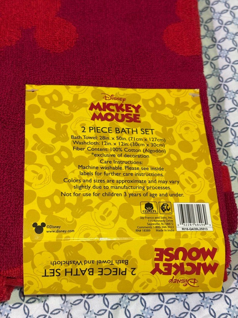 Disney Mickey Mouse 2-piece bath set (Category: Bathtub & Bath Accessories) located in Manila. Submitted by rlpimportedgoods (Listing ID 1404485280, Image 3). Description: Add a splash of Disney magic to your bathroom! This officially licensed set is perfect for fans and everyday use. Set Includes: 1 Bath Towel & 1 Washcloth Color: Vibrant Red with White “MICKEY” graphic Material: Soft, absorbent 100% Cotton Brand new from USA.