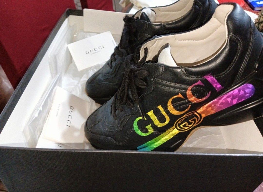 Gucci Rhyton Black (Rainbow) (Category: Sneakers) located in Mandaluyong City. Submitted by toothdoc (Listing ID 1404460444, Image 1). Description: - Authentic Gucci Rhyton Black (Rainbow) twice used only. sobrang iningatan. US 7 (men's) kasya sa US 8.5 (women's) RFS: Hindi nagagamit price is negotiable. let me know.