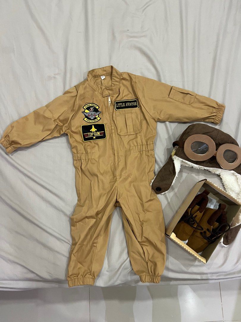 Kids Top Gun Pilot Costume Set (Category: Babies & Kids Fashion) located in Manila. Submitted by beadeegee (Listing ID 1404540151, Image 1). Description: Little Aviator costume for 1 yr old Used only on 1st birthday party With hat and shoes Size: 9M - 12M 📍 Cainta, Rizal.