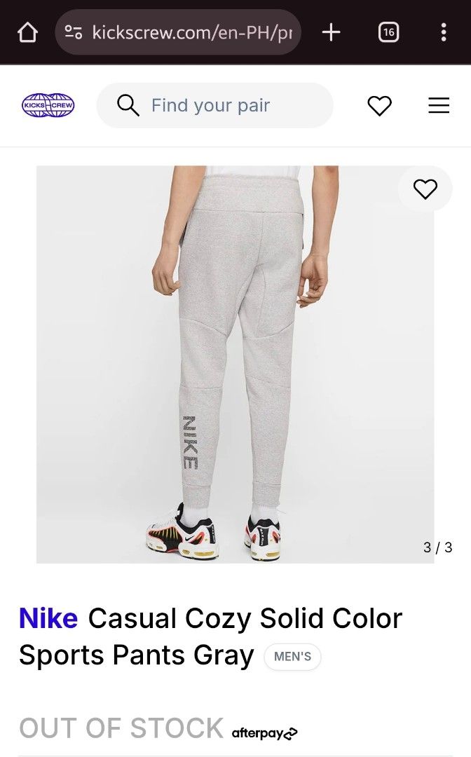 Nike techfleece grey (Category: Joggers) located in Binalbagan. Submitted by Kristoffer_Arguelles (Listing ID 1404384605, Image 2). Description: brand new condition 10/10 large 32-34 max 36 when stretch 38.5 length walang ka issue issue literal na parang bumili ka lang sa mall.
