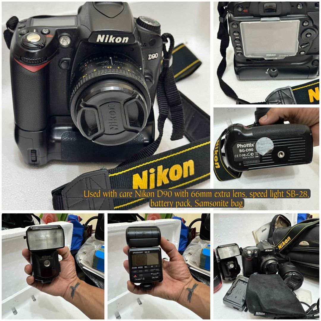 Nikon D90 DSLR Camera with Accessories (Category: Cameras) located in Manila. Submitted by arlyndeclutters (Listing ID 1404518882, Image 1). Description: - Nikon D90 DSLR camera - Includes 66mm lens - SB-28 speed light - Battery pack - Samsonite bag included - Nikon strap included - Well-maintained condition.