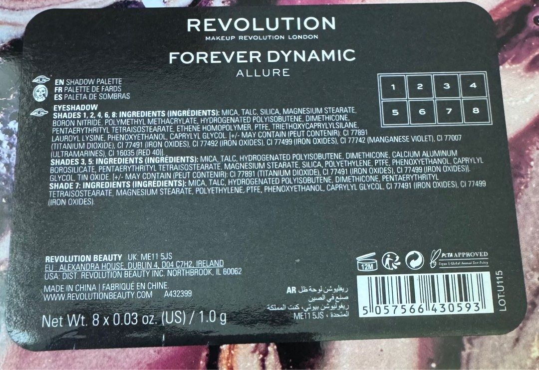 Revolution Forever Dynamic Allure Eyeshadow Palette (Category: Makeup) located in San Juan City. Submitted by bel2025 (Listing ID 1404372156, Image 3). Description: - Revolution eyeshadow palette - Features pink, purple, and neutral shades - Includes a mirror - Contains 8 eyeshadow colors - Ingredient information on the back - Compact and travel-friendly.