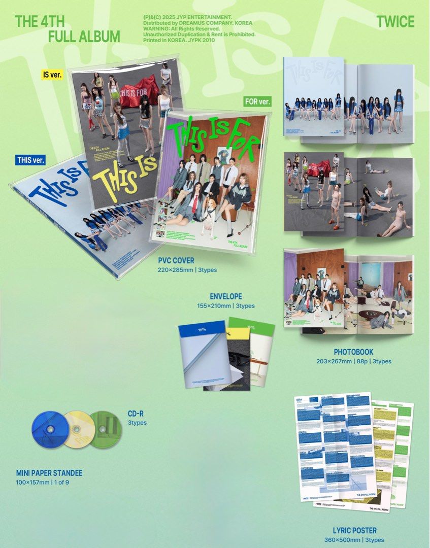TWICE - The 4th Full Album: This Is For (Category: CDs & DVDs) located in Manila. Submitted by antnpbl (Listing ID 1404486382, Image 2). Description: This Is For unsealed album - 3 versions available - 180 each - 500 set (3 versions) - THIS ver blue - IS ver yellow - FOR ver green - check pics for inclusions.