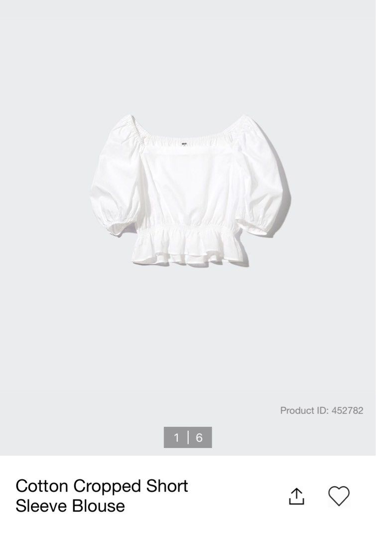 Uniqlo cropped short sleeve blouse (Category: Blouses) located in Pasig City. Submitted by ajdlsrysx (Listing ID 1404424644, Image 1). Description: Uniqlo cotton short sleeve blouse White, no stains, needs ironing, RTW Size Small .