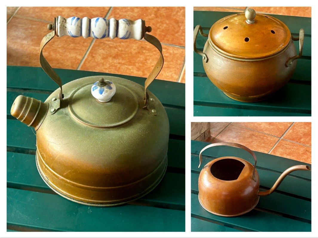 Vintage Copper and Brass Kettles (Category: Kettles & Airpots) located in Las Pinas. Submitted by rjmwings (Listing ID 1404503595, Image 1). Description: Vintage Copper Kettle Set Bought in a flea market in Brooklyn, New York in 1997 - Large kettle with ceramic handle and lid knob - Small copper pot with lid - Copper watering can All items are made of metal. Perfect for display in the kitchen or dining area For collectors of copper items.