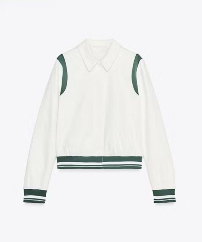 Zara White Varsity Jacket with Green Accents (Category: Coats, Jackets and Outerwear) located in Quezon City. Submitted by chamibee (Listing ID 1404481814, Image 1). Description: - White jacket with green accents - Collared neckline - Button-up front - Sporty, varsity-inspired design - Lightweight and suitable for layering - Striped cuffs and hem -Fits XS to Med frame.