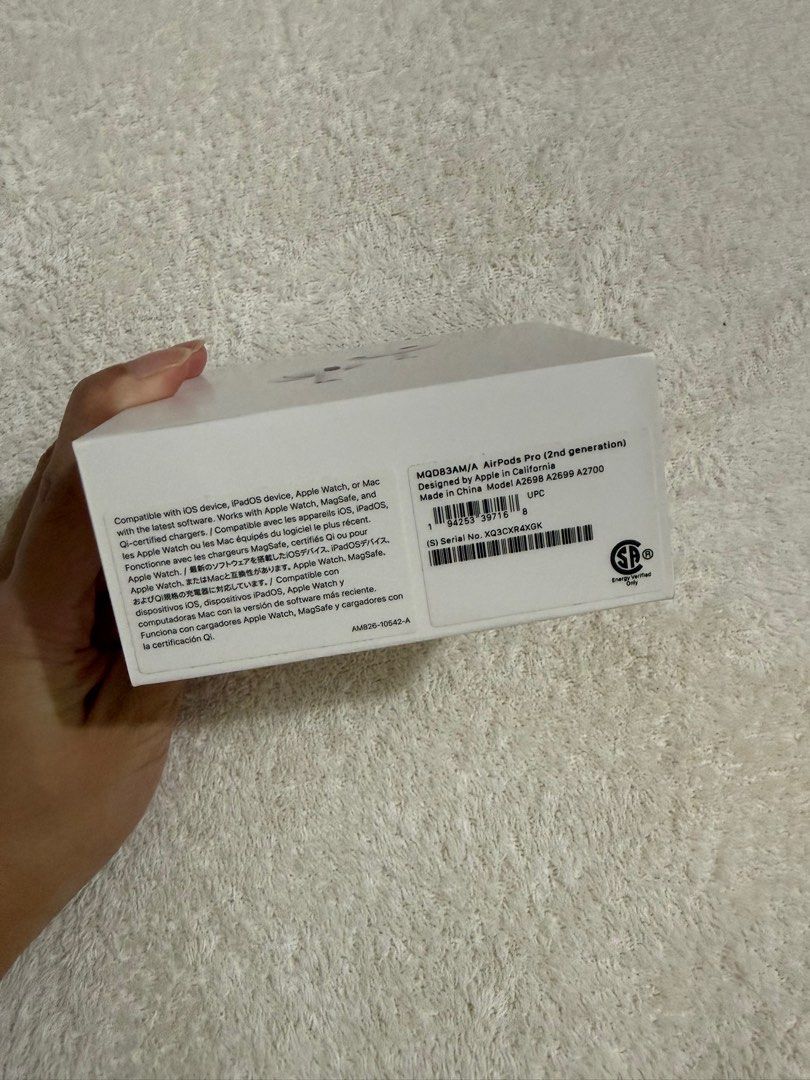 Airpods Pro 2nd Gen (Category: Earphones) located in Davao. Submitted by peewhoop (Listing ID 1404715236, Image 2). Description: Authentic Apple Airpods Pro 2nd Gen ON SALE ‼️ ‼️MARKED DOWN FROM 8,000‼️ - authentic airpods from the US - still with box - complete accessories (eartips, manual & lightning cable) - very lightly used, no major scratches or dents, would consider it mint condition - price still a bit negotiable but please be negotiable.