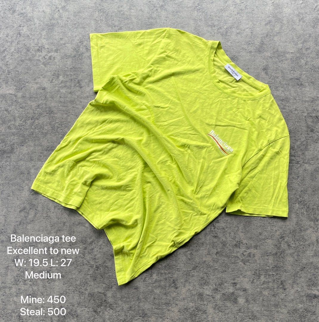 Balenciaga Tee Medium (Category: Tshirts & Polo Shirts ) located in Sorsogon. Submitted by vanbercs (Listing ID 1404719296, Image 1). Description: - Balenciaga T-shirt - Vibrant green color - Size Medium - Balenciaga logo on front and back - Measurements: Width 19.5", Length 27" - Stylish and comfortable.