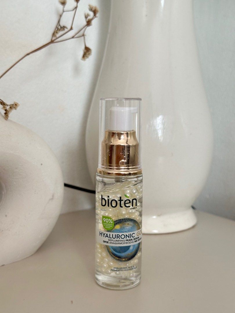 Bioten Hyaluronic Gold Replumping Pearl Serum (Category: Face Care) located in Binan City. Submitted by helpmedeclutter10 (Listing ID 1404588270, Image 1). Description: - Bioten Hyaluronic Gold Replumping Pearl Serum - Contains hyaluronic acid and fermented rice extract - Features pearl-like beads - Comes in a clear bottle with a gold pump - For facial use Brand new - no box.