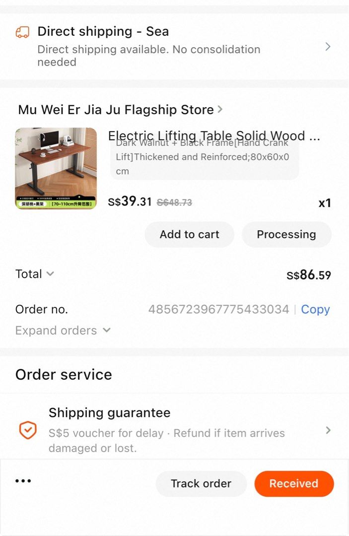 Computer desk table (Category: Tables & Sets) located in Singapore. Submitted by hypeesentls (Listing ID 1404689276, Image 2). Description: - Brand new electric lifting table - Solid wood desk with dark walnut finish - Black frame - Height adjustable Bought wrong size, selling at half what I paid. From Taobao new I absorb the delivery cost 80x60 dimension .