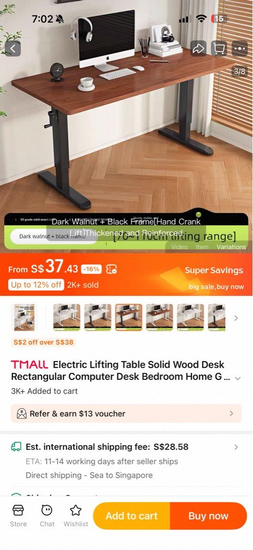Computer desk table (Category: Tables & Sets) located in Singapore. Submitted by hypeesentls (Listing ID 1404689276, Image 3). Description: - Brand new electric lifting table - Solid wood desk with dark walnut finish - Black frame - Height adjustable Bought wrong size, selling at half what I paid. From Taobao new I absorb the delivery cost 80x60 dimension .