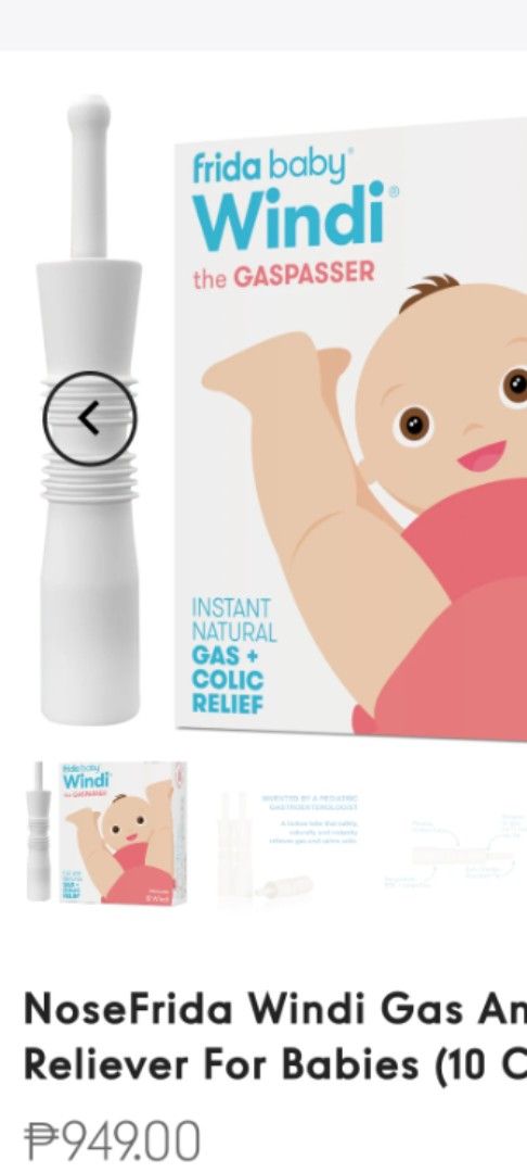 Frida Baby Windi Gas Passer (Category: Bathtub & Bath Accessories) located in Bulacan. Submitted by kaitlyn16142 (Listing ID 1404663189, Image 2). Description: 7pcs left in box A natural solution for colic and gas, the Windi works instantly and does not require ingestion of any drops or medication. The Windi is a single-use tube that helps babies get rid of excess gas. Designed to be safe and effective, the Windi cannot harm your baby if used as 