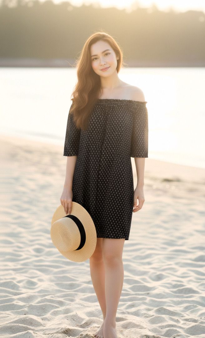 H&M off shoulder dress (Category: Dresses) located in Quezon City. Submitted by stylishchic08 (Listing ID 1404627782, Image 2). Description: 🌙 Off-Shoulder Printed Dress – Breezy, Chic & Perfect for Everyday Wear Stay stylish and comfortable with this off-shoulder navy dress, designed with a relaxed silhouette and a soft, flowy fabric that’s perfect for warm weather. Its subtle mini floral/geo print adds a touch of charm while keeping the look e
