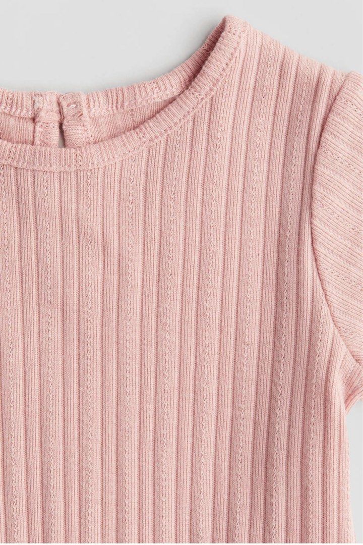 H&M Ribbed Jersey Top - Light Pink (9-12m) (Category: Babies & Kids Fashion) located in Marikina City. Submitted by libidibi (Listing ID 1404754815, Image 2). Description: Brand New with tag LP posted Size on tag: 9-12m - H&M Ribbed Jersey Top - Color: Light Pink - Features a round neckline - Short sleeves with a wavy hem - Small button closure at the back - Made from ribbed fabric.