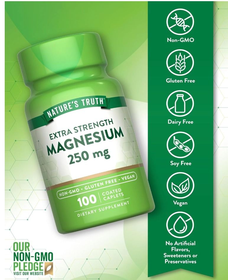 Nature's Truth Extra Strength Magnesium 250mg (Category: Health Food, Drinks & Tonics) located in Manila. Submitted by tampipi (Listing ID 1404680907, Image 1). Description: Nature's Truth Extra Strength Magnesium supplement. Each bottle contains 100 coated caplets, each with 250mg of magnesium. This dietary supplement is Non-GMO, Gluten Free, and Vegan. It is also Dairy Free, Soy Free, and contains No Artificial Flavors, Sweeteners, or Preservat