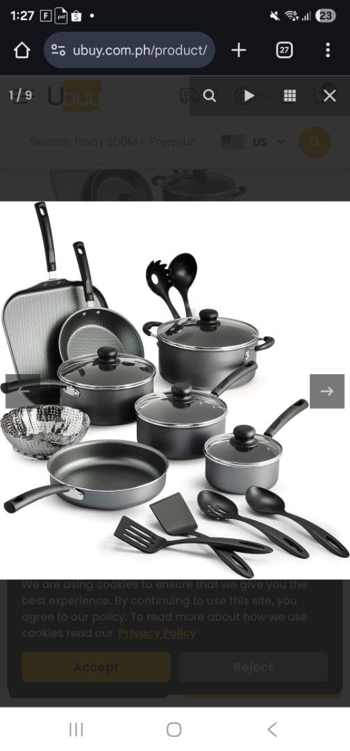 No Box Tramontina Cookware Set with Nonstick Interior (Category: Cookware & Accessories) located in Manila. Submitted by kpayum (Listing ID 1404758485, Image 1). Description: -NO BOX Tramontina Cookware Set 18pcs - made in Brazil - bought in USA -below SRP - Complete cookware set with pots, pans, and utensils. - Nonstick interior for easy cooking and cleaning. - Stay-cool handles for safe handling. - Shatter-resistant tempered glass lids. - Inclu