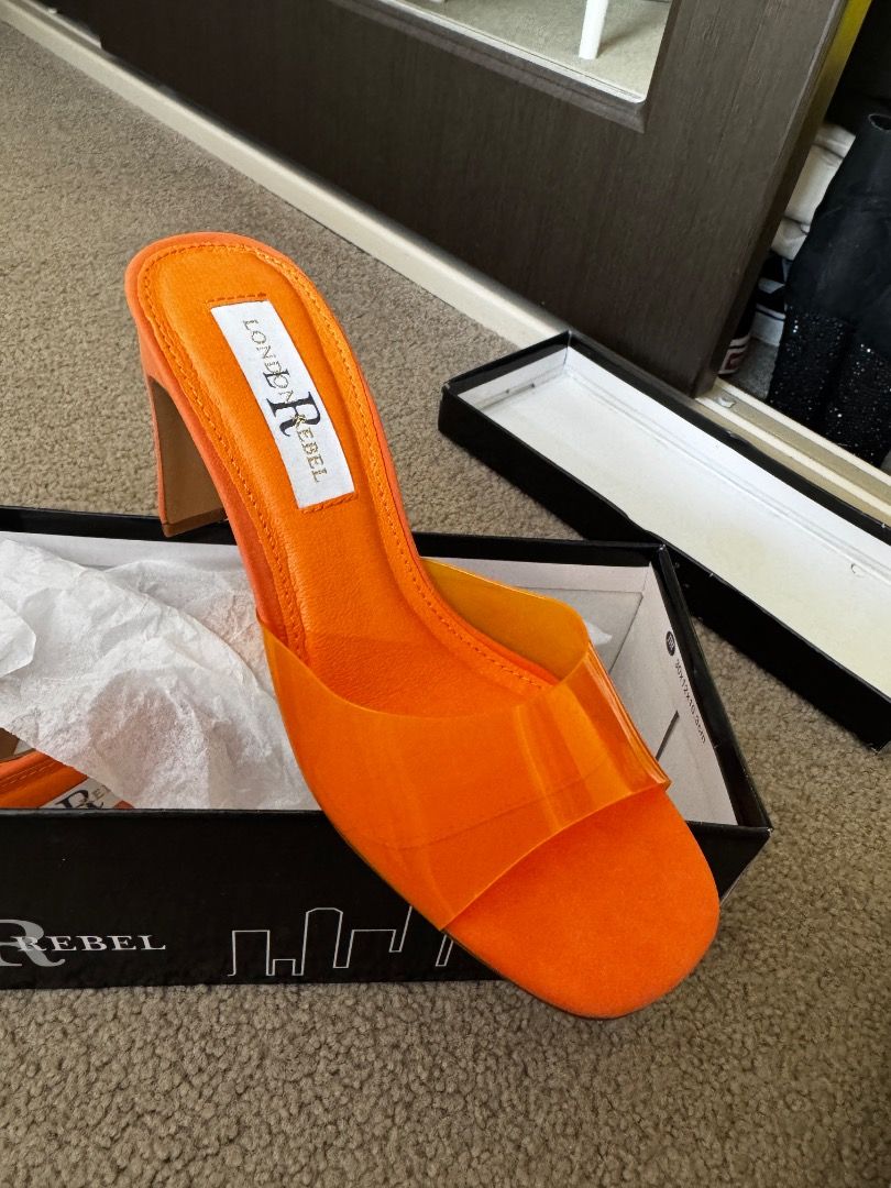 Orange London rebel high heels size EU38 (Category: Women's Shoes) located in Bronte. Submitted by boldtiger-6c51 (Listing ID 1404611477, Image 2). Description: New unused in box London rebel orange high heels size EU38 Pick up Bronte area or postage at buyers expense..