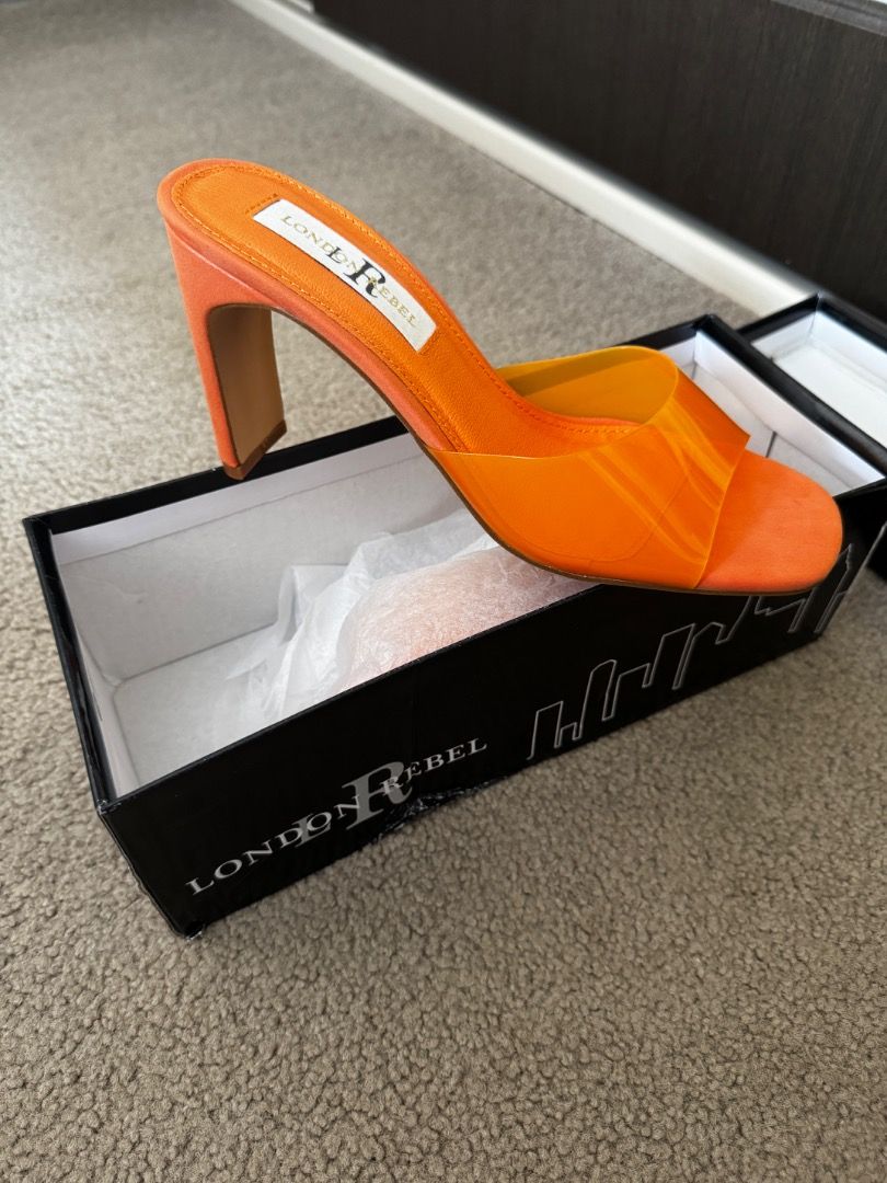 Orange London rebel high heels size EU38 (Category: Women's Shoes) located in Bronte. Submitted by boldtiger-6c51 (Listing ID 1404611477, Image 1). Description: New unused in box London rebel orange high heels size EU38 Pick up Bronte area or postage at buyers expense..
