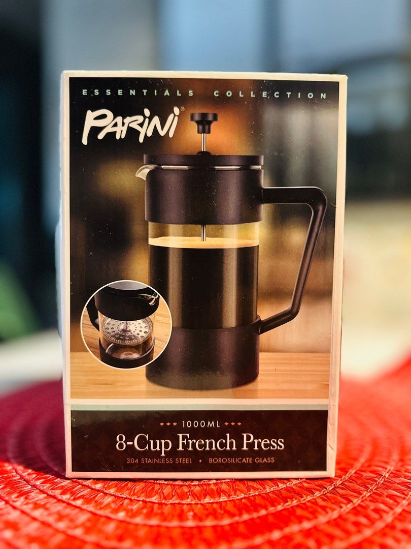 Parini 8-Cup French Press 1000ml (Category: Coffee Machines & Makers) located in Bacoor. Submitted by boutiquevilladulce (Listing ID 1404600453, Image 1). Description: Brew your favorite coffee or tea with ease using the Parini 8-Cup French Press. This traditional style coffee and tea maker is made of high-quality borosilicate glass and has a matte finish. With a capacity of 1000 ml, it can make up to & cups at once. The Parini French Press featu