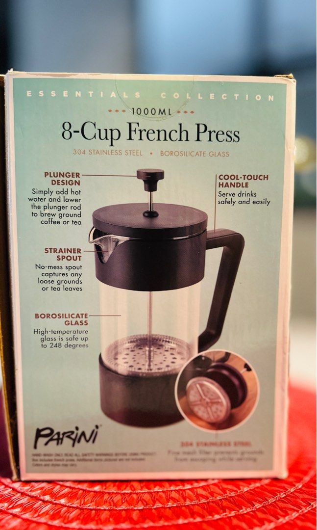 Parini 8-Cup French Press 1000ml (Category: Coffee Machines & Makers) located in Bacoor. Submitted by boutiquevilladulce (Listing ID 1404600453, Image 2). Description: Brew your favorite coffee or tea with ease using the Parini 8-Cup French Press. This traditional style coffee and tea maker is made of high-quality borosilicate glass and has a matte finish. With a capacity of 1000 ml, it can make up to & cups at once. The Parini French Press featu