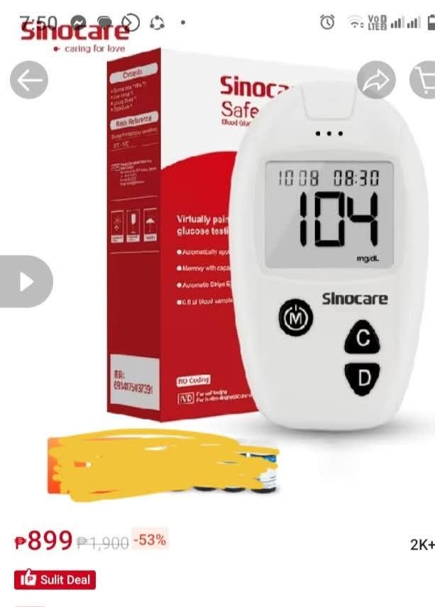 Sinocare device only (Category: Health Monitors & Weighing Scales) located in Pasig City. Submitted by enajp82 (Listing ID 1404692841, Image 1). Description: no box included since hindi na presentable yung mga box due to couriers mishandle but with original pouch naman device only ( glucometer only).