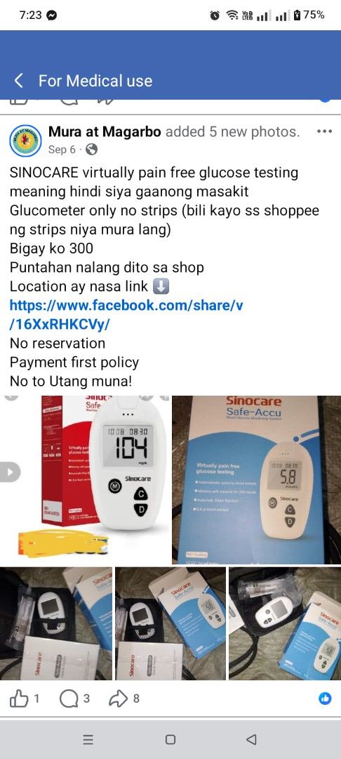 Sinocare device only (Category: Health Monitors & Weighing Scales) located in Pasig City. Submitted by enajp82 (Listing ID 1404692841, Image 2). Description: no box included since hindi na presentable yung mga box due to couriers mishandle but with original pouch naman device only ( glucometer only).
