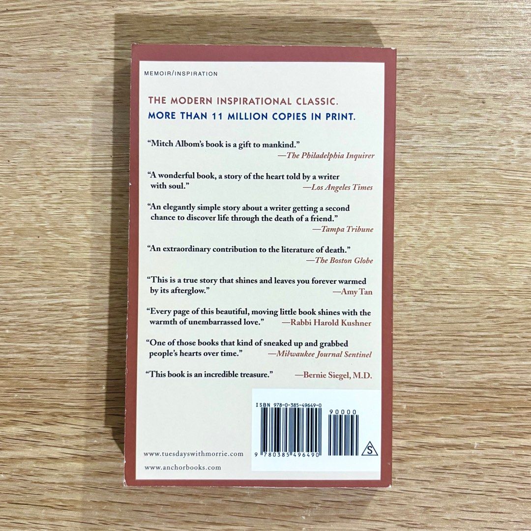 Tuesdays with Morrie by Mitch Albom (Category: Storybooks) located in Bulacan. Submitted by onlyseanli (Listing ID 1404731961, Image 2). Description: Tuesdays with Morrie: an Old Man, a Young Man, and Life’s Greatest Lesson 𓋰 mass market copy 𓋰 bought recently (aug. 2025) from NBS 𓋰 no annotations/highlights 𓋰 minimal spine crease 💵: GCash/BPI 🚚: J&T (shipping fee care of buyer).