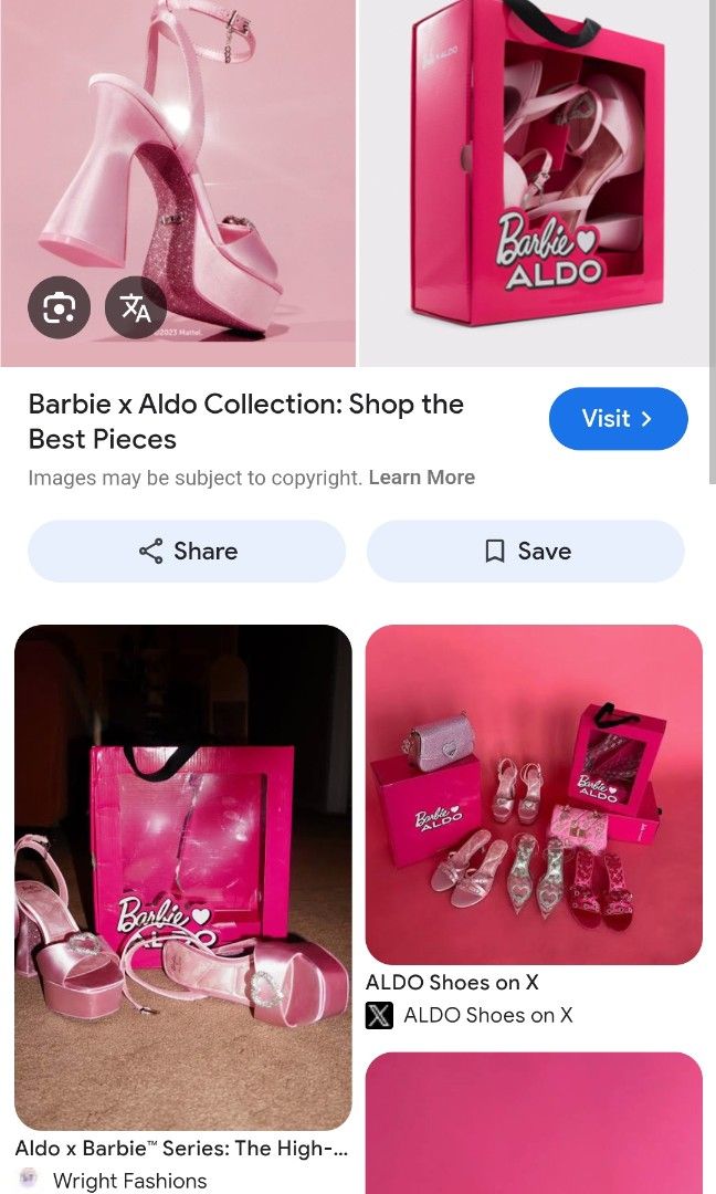 (USED - LIKE NEW) Aldo x Barbie Platform Heels (Category: Heels) located in Makati City. Submitted by pengsuppp (Listing ID 1404755300, Image 1). Description: (Posting for my niece) Aldo x Barbie Platform Heels - US size 7.5 / EU 38 / UK 5 - Bought in Dubai - Box includes product details label - A bit of damage sa box bc of storage - Few dirt marks underneath since nagamit na po once sa graduation party. Selling for only 4000. Slightly negotiable