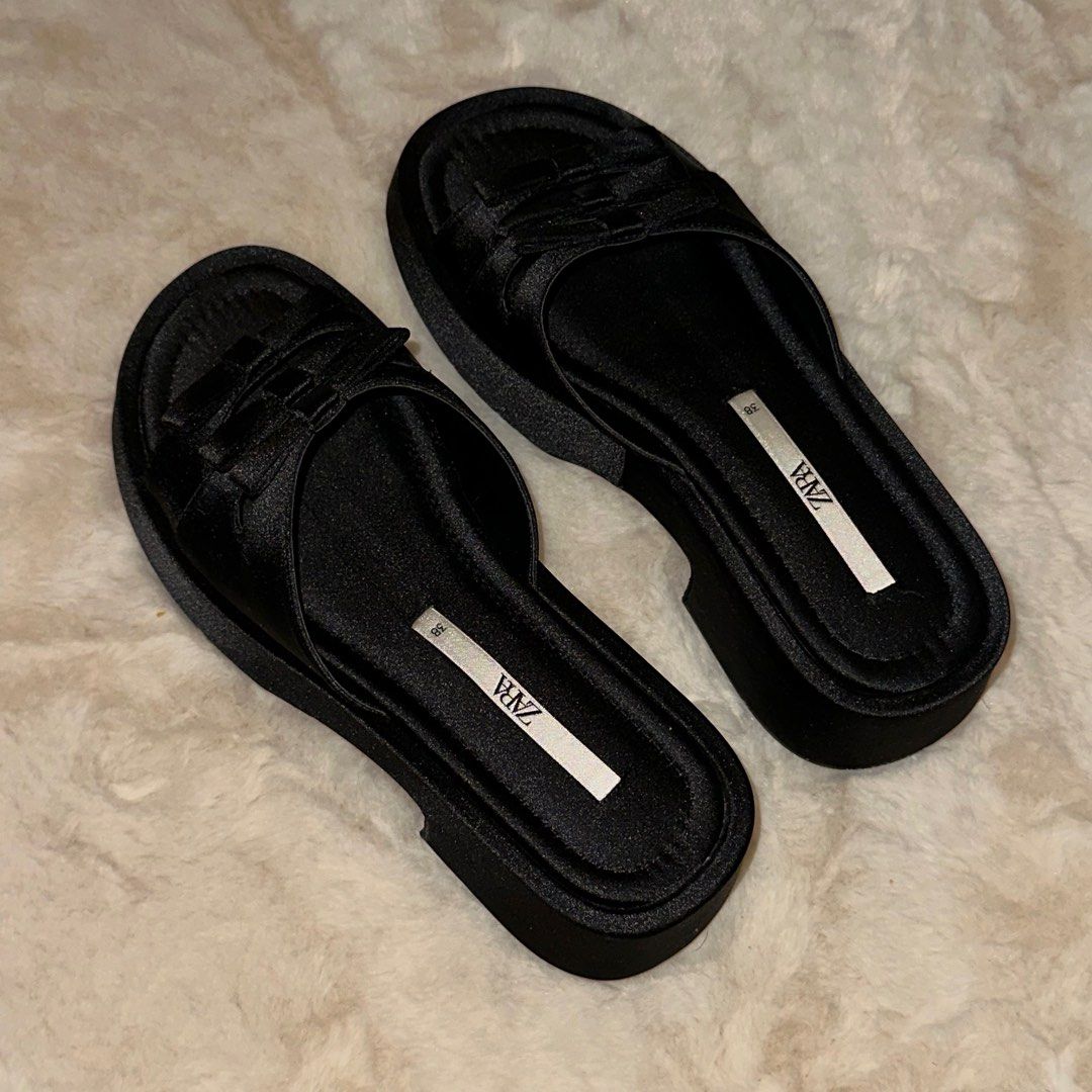 Zara Satin Platform Heel Slides Size 38 (Category: Sandals) located in Pasig City. Submitted by mon.studios (Listing ID 1404706474, Image 3). Description: - Zara Satin Platform Heel Slides - Size: 38 (Fits US 7.5) - Condition: Worn once - Features: Satin finish, platform heel - Color: Black - Excellent Condition.