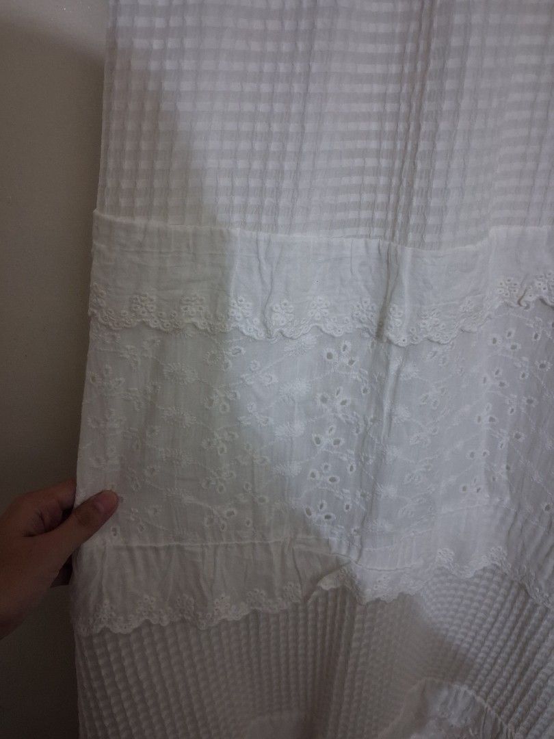 26 to 28 in shoujo coquette white embroidered tiered skirt (Category: Skirts) located in Calabanga. Submitted by asmallcloset (Listing ID 1404884115, Image 2). Description: flaw: storage stains as shown on pic can be removed.