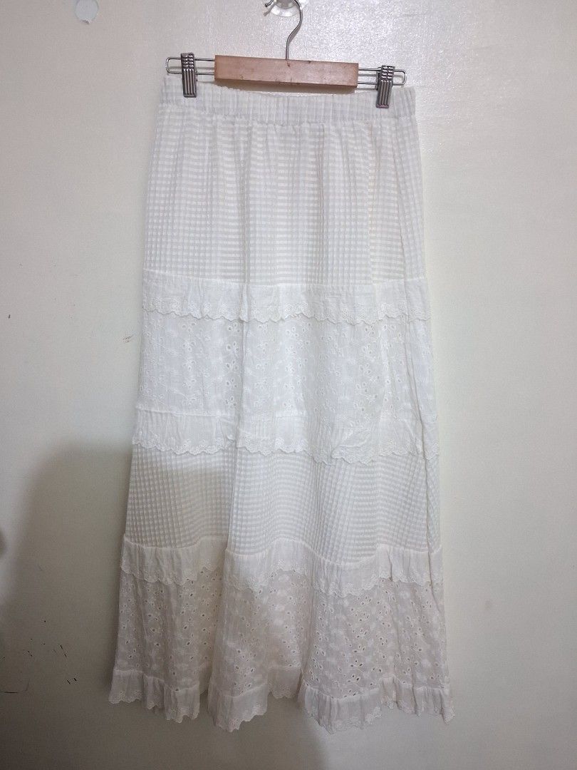 26 to 28 in shoujo coquette white embroidered tiered skirt (Category: Skirts) located in Calabanga. Submitted by asmallcloset (Listing ID 1404884115, Image 1). Description: flaw: storage stains as shown on pic can be removed.