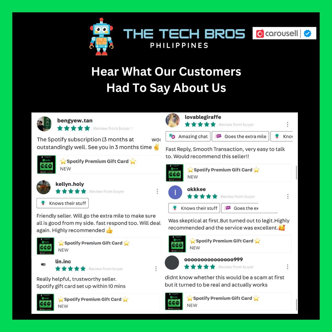 🔥 Spotify Premium Giftcard (Individual) [thetechbroph] (Category: Game Gift Cards & Accounts) located in Manila. Submitted by thegamebroph (Listing ID 1404854828, Image 3). Description: ⚠️ Getting frustrated of having Spotify premium issue after several months despite purchasing for 1 yr or 2 yrs?❌ ⚠️ Getting no reply from some sellers or sellers being MIA despite having 2k-3k reviews when there is an issue arise? ❌ ⚠️ Due to recent Spotify chan
