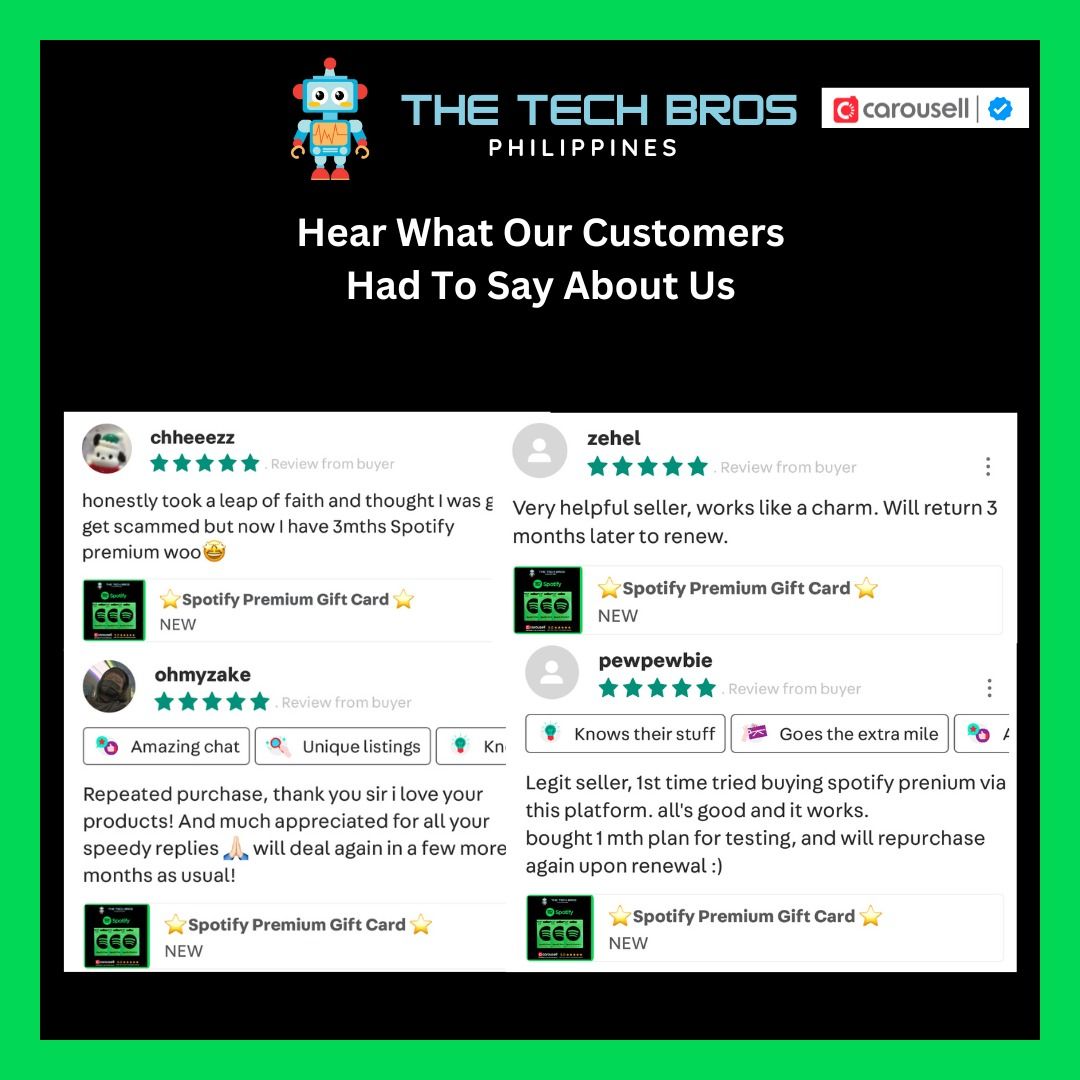 🔥 Spotify Premium Giftcard (Individual) [thetechbroph] (Category: Game Gift Cards & Accounts) located in Manila. Submitted by thegamebroph (Listing ID 1404854828, Image 2). Description: ⚠️ Getting frustrated of having Spotify premium issue after several months despite purchasing for 1 yr or 2 yrs?❌ ⚠️ Getting no reply from some sellers or sellers being MIA despite having 2k-3k reviews when there is an issue arise? ❌ ⚠️ Due to recent Spotify chan