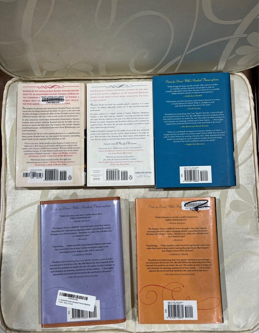A Rosalind Thorne Mystery - Darcie Wilde (Category: Storybooks) located in Digos. Submitted by millie.12 (Listing ID 1404676517, Image 3). Description: A Rosalind Thorne Mystery by Darcie Wilde Book #1 - A Useful Woman (PB) Book #2 - A Purely Private Matter (PB) Book #3 - And Dangerous to Know (HB) Book #4 - A Counterfeit Suitor (HB) Book #5 - Lady Compromised (HB) Thrifted books -historical, romance, mystery -sold as set - a mix of library/remai