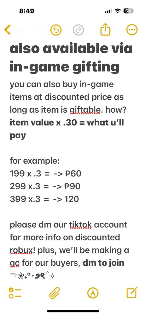 discounted robux for sale (Category: Game Gift Cards & Accounts) located in Manila. Submitted by cheskakaja56499 (Listing ID 1404917818, Image 3). Description: dm me for more info!.