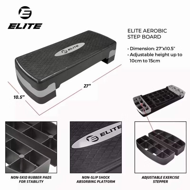 Elite Aerobic Step Board (Category: Other Sports Equipment and Supplies) located in Manila. Submitted by josephbali48685 (Listing ID 1404926391, Image 3). Description: Elite aerobic step board is perfect for home workouts. It has dimensions of 27" x 10.5" and an adjustable height from 10cm to 15cm. Features include non-slip rubber pads for stability and a non-slip shock-absorbing platform. It comes with adjustable exercise steppers for varying wo