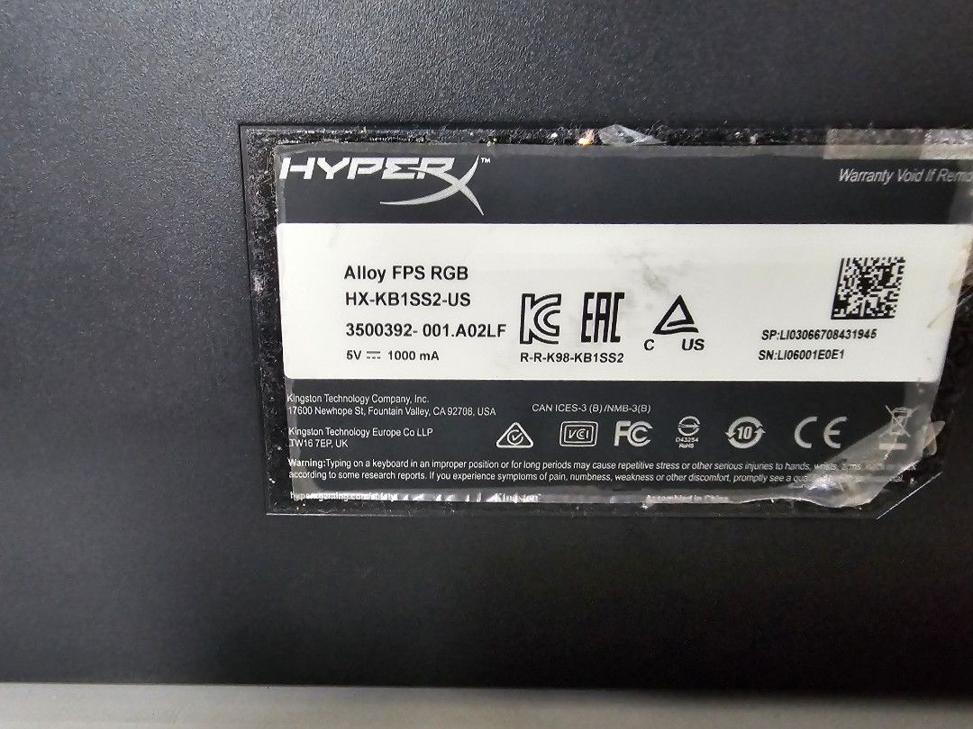 HyperX Alloy FPS RGB Mechanical Keyboard (Category: Computer Keyboard) located in Makati City. Submitted by geeguevarra (Listing ID 1404785353, Image 3). Description: - HyperX Alloy FPS RGB mechanical keyboard - Kailh Silver Speed key switches - Customizable RGB backlighting (16.7M colors, 5 brightness levels) - Detachable, braided 1.8m cable - USB 2.0 pass-through for charging - Compatible with Windows 11,10, 8.1, 8, and 7.