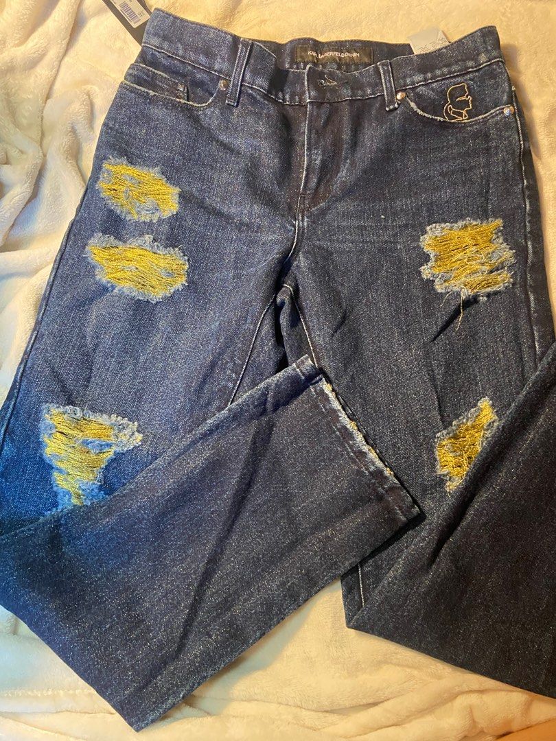 Karl Lagerfeld Gold Denim Jeans (Category: Jeans) located in Badoc. Submitted by fourforfourtrift (Listing ID 1404877083, Image 3). Description: Authentic Karl Lagerfeld Gold Ripped Jeans - Brand new with Tag - Size 27 on tag - 97 cm length, 38 width (waist) - has gold details all over the pants - Dark blue wash / Distressed detailing - Straight leg fit .