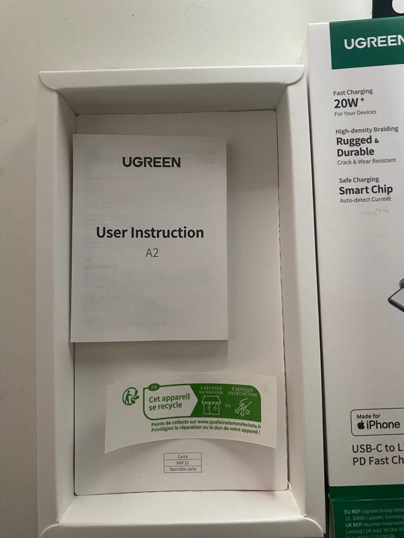 Lightning Cable (Category: Chargers & Cables) located in Kuala Lumpur. Submitted by theflow_8 (Listing ID 1404798404, Image 3). Description: Just use 1x ( Still New ) -Original price RM69, selling for RM50 - UGREEN USB-C to Lightning Cable - 1 meter length - Black color - Supports fast charging (20W+) - Durable braided design - Compatible with iPhone, iPad, and iPod.
