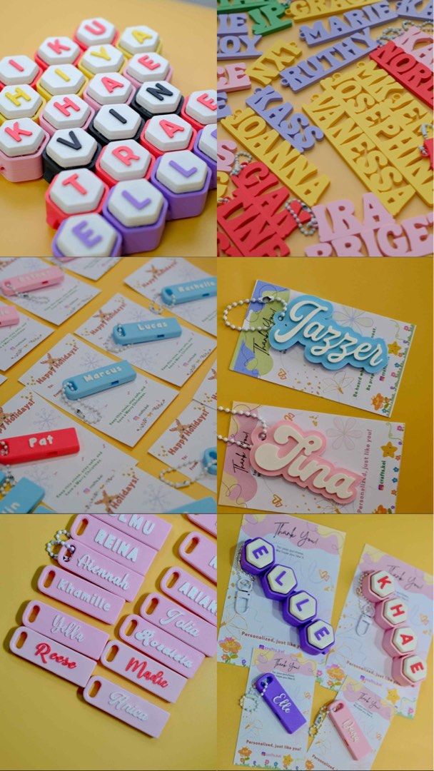 personalized 3D-printed name tags (Category: Stationery & School Supplies) located in Manila. Submitted by chandyyyyyyy (Listing ID 1404925657, Image 1). Description: name tag plain - P60 name tag with outline - 1-6 letters P70 | 7-12 letters P90 articulated name clickers - P70 per letters loud whistle - P70 flat whistle - P50.