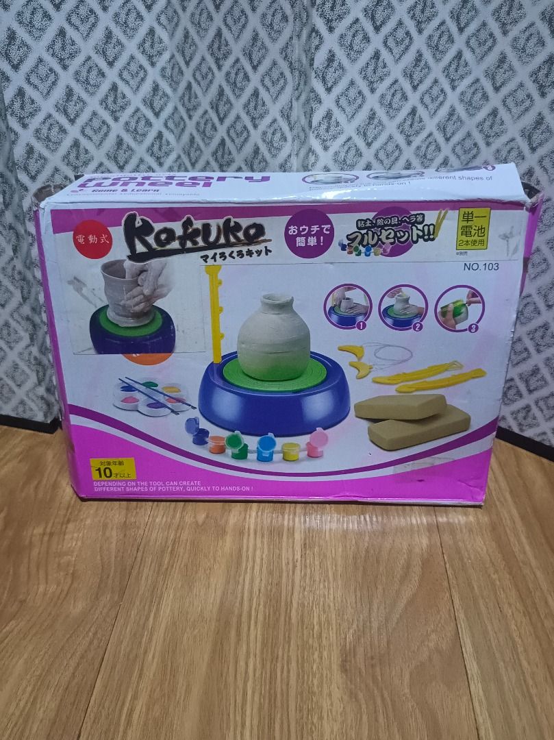Rokuko Pottery Wheel Kit (Category: Craft Supplies & Tools) located in Makati City. Submitted by nyxhemera26 (Listing ID 1404958245, Image 1). Description: Rokuko pottery wheel kit includes a pottery wheel, clay, tools, and paints. It features a 2-speed setting. The wheel requires batteries (sold separately). The box shows some wear. • UNUSED BUT BOX IS NO LONGER IN GOOD • UNTESTED (I DON'T HAVE SPARE BATTERY) .
